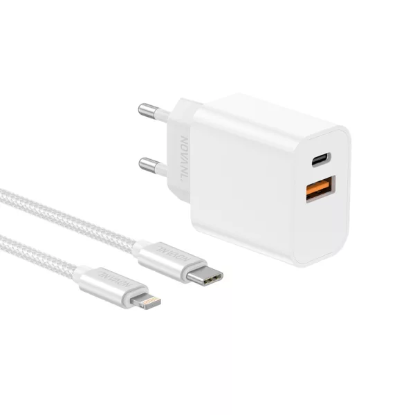 NovaNL - Chargeur 20W USB-A et USB-C + Câble USB-C - Lightning